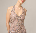 3D Floral Sequin Beaded Halter Gown In Smokey Mauve 3