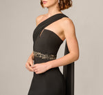 Strapless Beaded Waist Draped Scarf Gown In Black 3