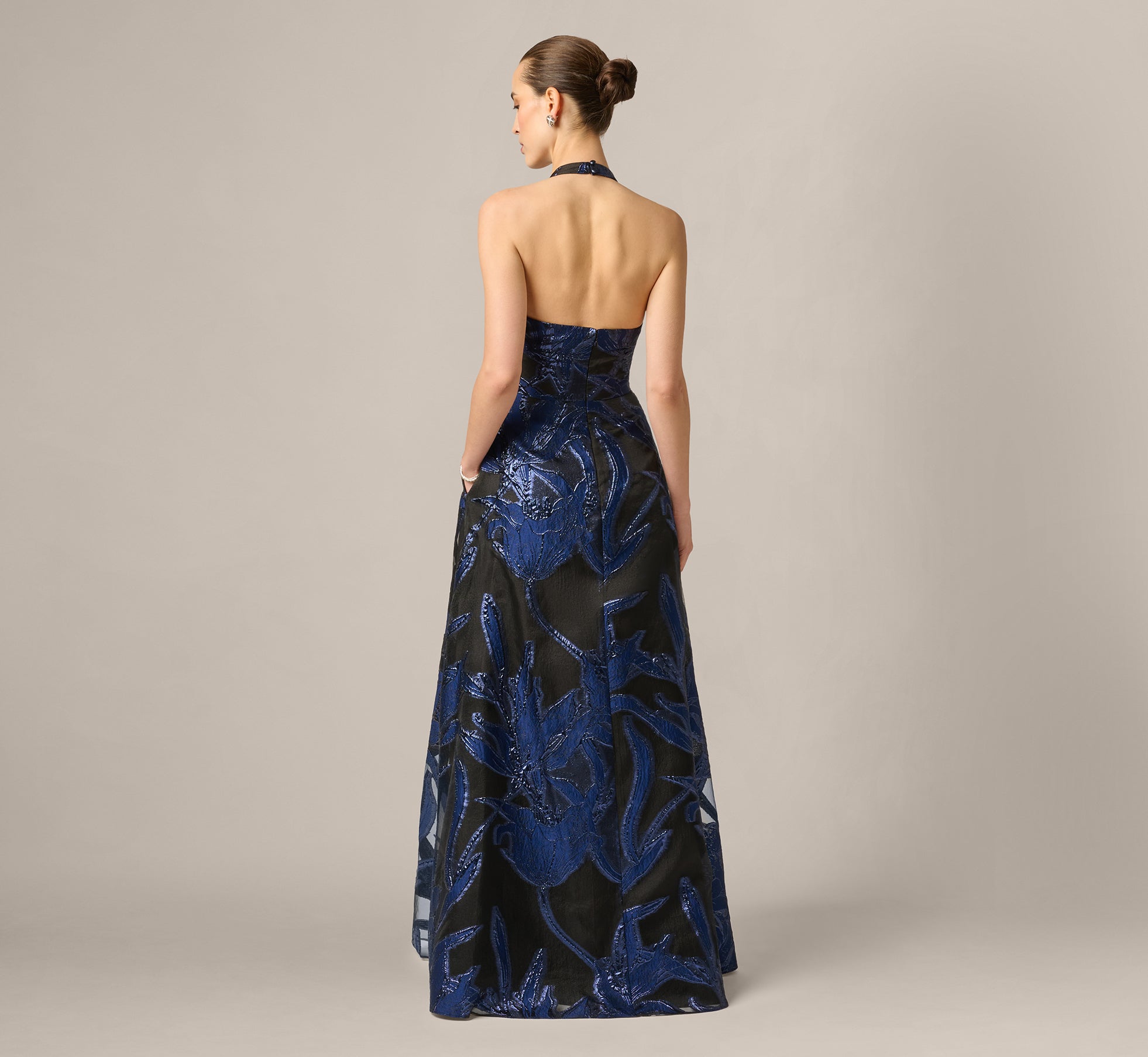 Navy Floral Organza Jacquard Plunge Halter Gown - Adrianna Papell