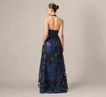 Floral Organza Jacquard Plunge Halter Gown In Navy Black 5