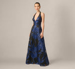 Floral Organza Jacquard Plunge Halter Gown In Navy Black 2