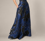 Floral Organza Jacquard Plunge Halter Gown In Navy Black 4