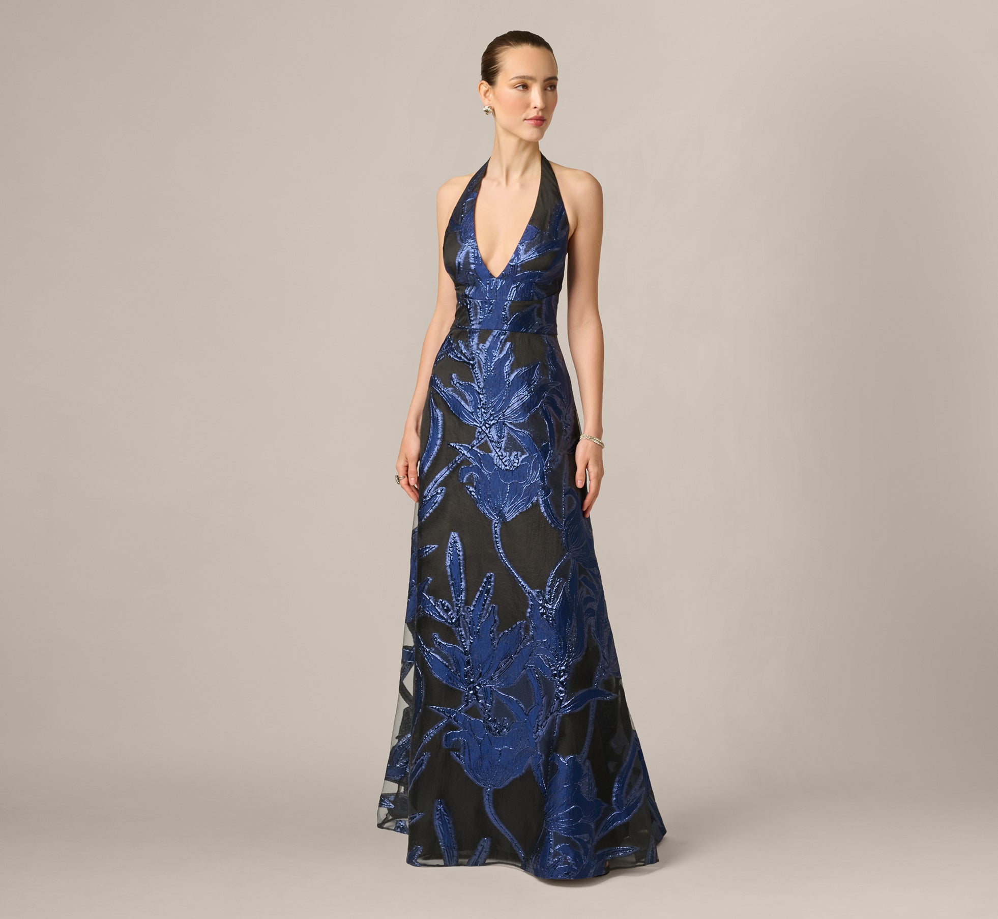 Floral Organza Jacquard Plunge Halter Gown In Navy Black 1