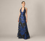 Floral Organza Jacquard Plunge Halter Gown In Navy Black 1