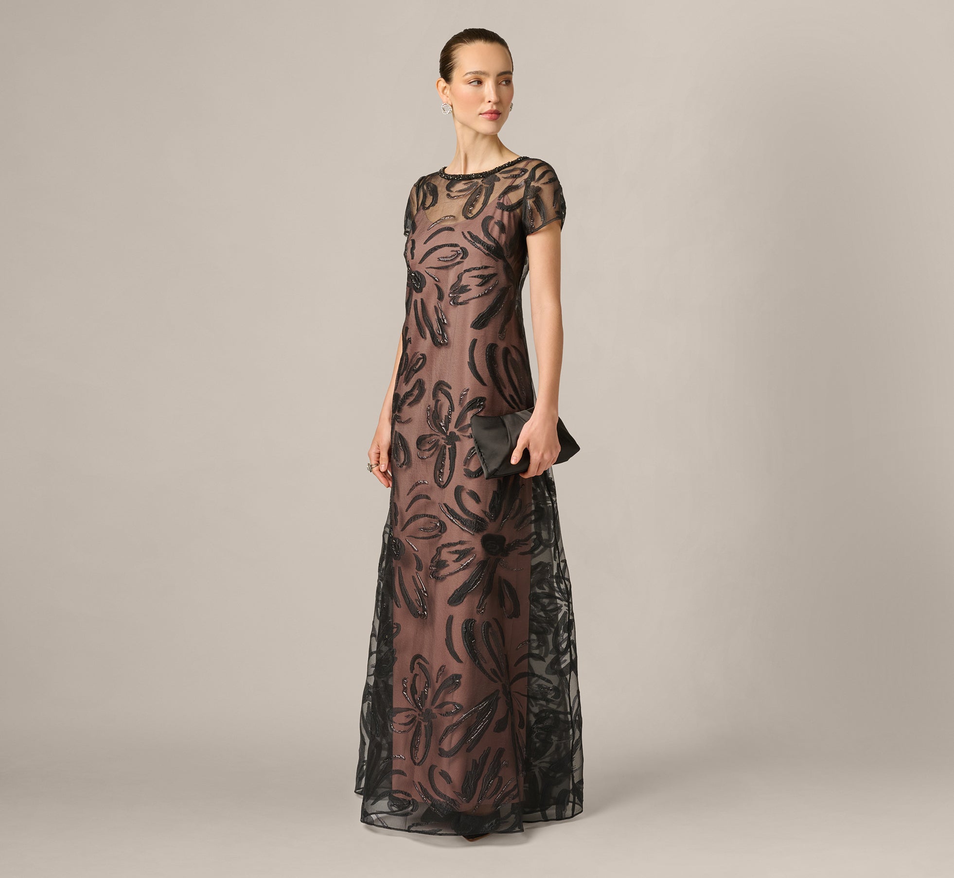 Short Sleeve Botanical Organza Jacquard Gown In Black 1