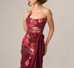Strapless Floral Print Beaded Soutache Hem Gown In Mahogany 3