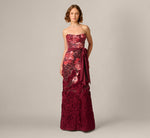 Strapless Floral Print Beaded Soutache Hem Gown In Mahogany 1
