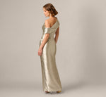 Draped One Shoulder Textured Metallic Jacquard Gown In Light Gold 5