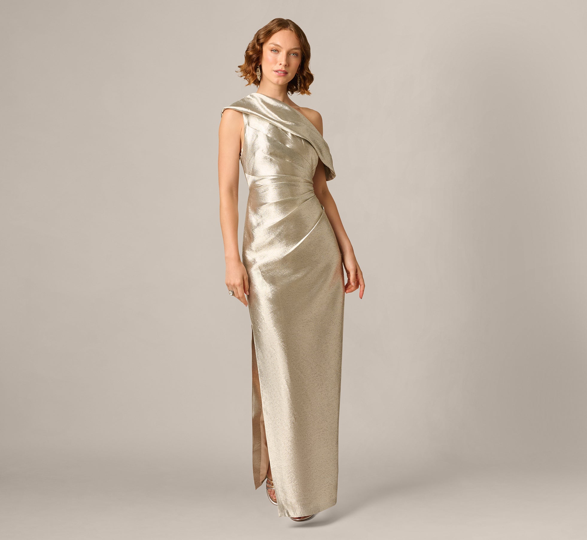 gold one shoulder dress Aidan Mattox Woven Jacquard Neck One Shoulder Sleeve Sheath Dress, Womens, 2, Light Hang To Dry COLOR:Champagne Blush/Black Old Money Collection Plus Size Black Evening
