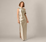 Draped One Shoulder Textured Metallic Jacquard Gown In Light Gold 2