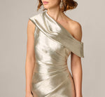 Draped One Shoulder Textured Metallic Jacquard Gown In Light Gold 3