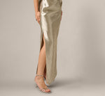 Draped One Shoulder Textured Metallic Jacquard Gown In Light Gold 4
