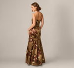 Strapless Cat Eye Metallic Floral Brocade Trumpet Gown In Brown Multi 5