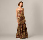 Strapless Cat Eye Metallic Floral Brocade Trumpet Gown In Brown Multi 2
