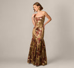 Strapless Cat Eye Metallic Floral Brocade Trumpet Gown In Brown Multi 1