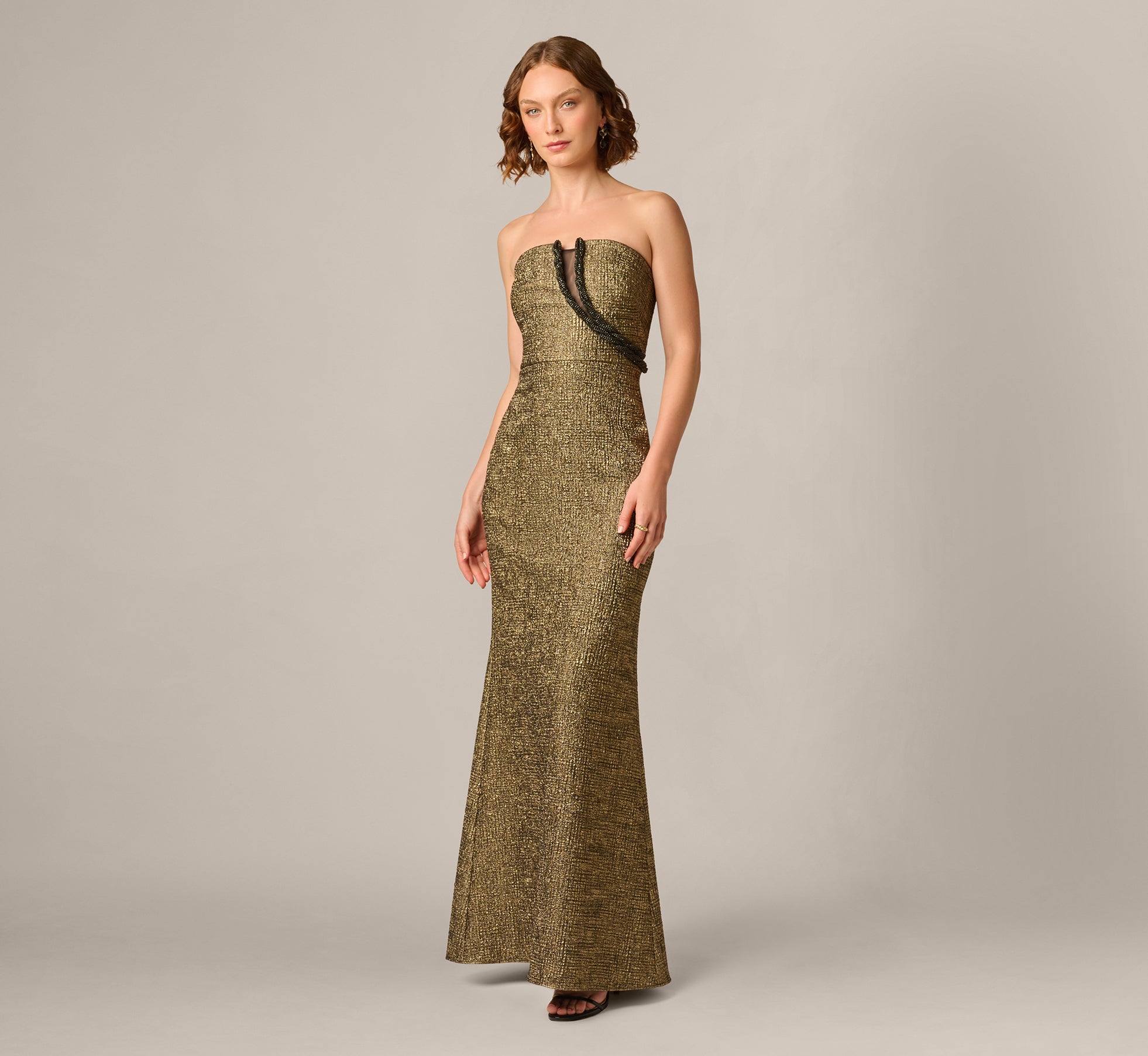 Strapless Stretch Jacquard Beaded Illusion Gown In Black Gold, Black/Gold / Regular / 8