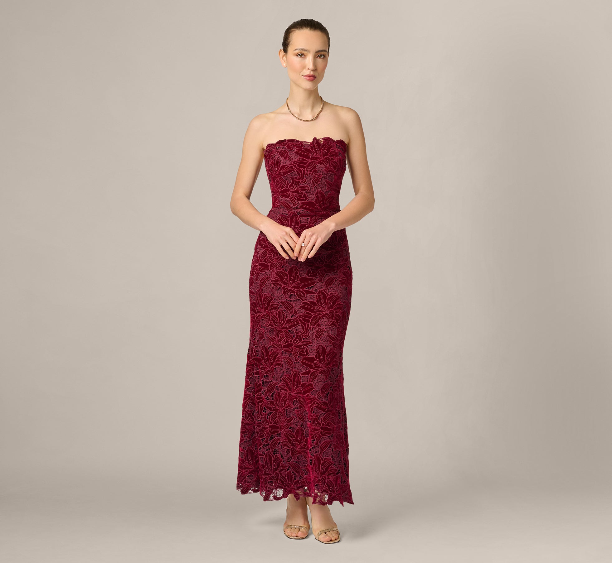 Strapless Lily Floral Velvet Lace Gown In Mahogany 1