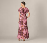 Short Sleeve Organza Jacquard Draped Plunge Gown In Berry Multi 5