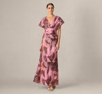 Short Sleeve Organza Jacquard Draped Plunge Gown In Berry Multi 2