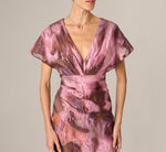 Short Sleeve Organza Jacquard Draped Plunge Gown In Berry Multi 3
