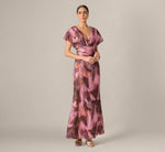 Short Sleeve Organza Jacquard Draped Plunge Gown In Berry Multi 1