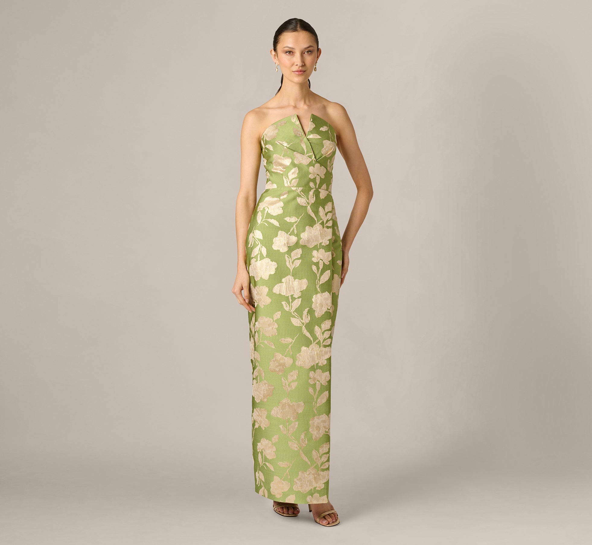 Green Strapless Draped Floral Jacquard Column Gown - Adrianna Papell