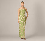 Strapless Draped Floral Jacquard Column Gown In Fern 2