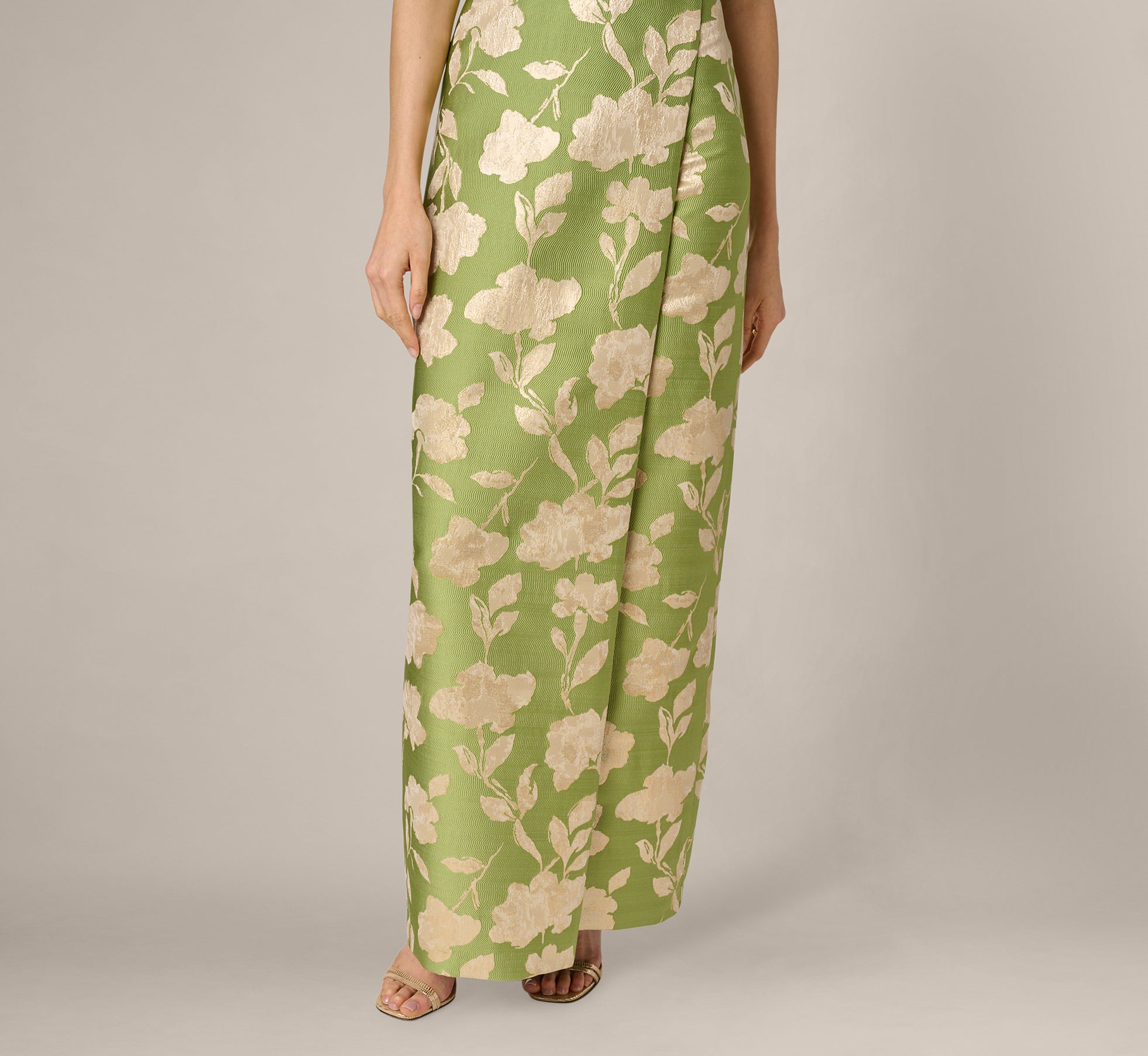 Green Strapless Draped Floral Jacquard Column Gown - Adrianna Papell