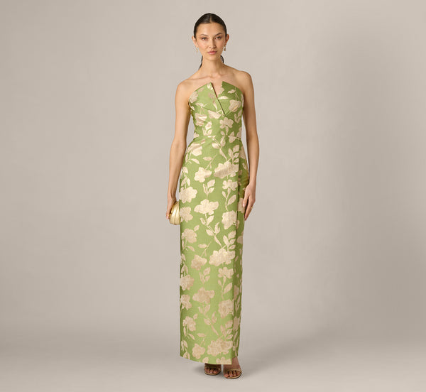 fitted lace wedding dress Strapless Draped Floral Jacquard Column Gown In Fern