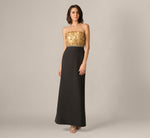 Strapless Feather Beaded Combo Gown In Black Gold 2