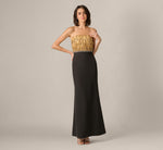 Strapless Feather Beaded Combo Gown In Black Gold 1