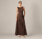 Floral Beaded Soutache Draped Satin Gown In Dark Mocha 2
