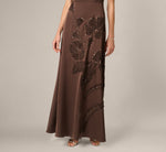 Floral Beaded Soutache Draped Satin Gown In Dark Mocha 3