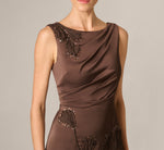 Floral Beaded Soutache Draped Satin Gown In Dark Mocha 4