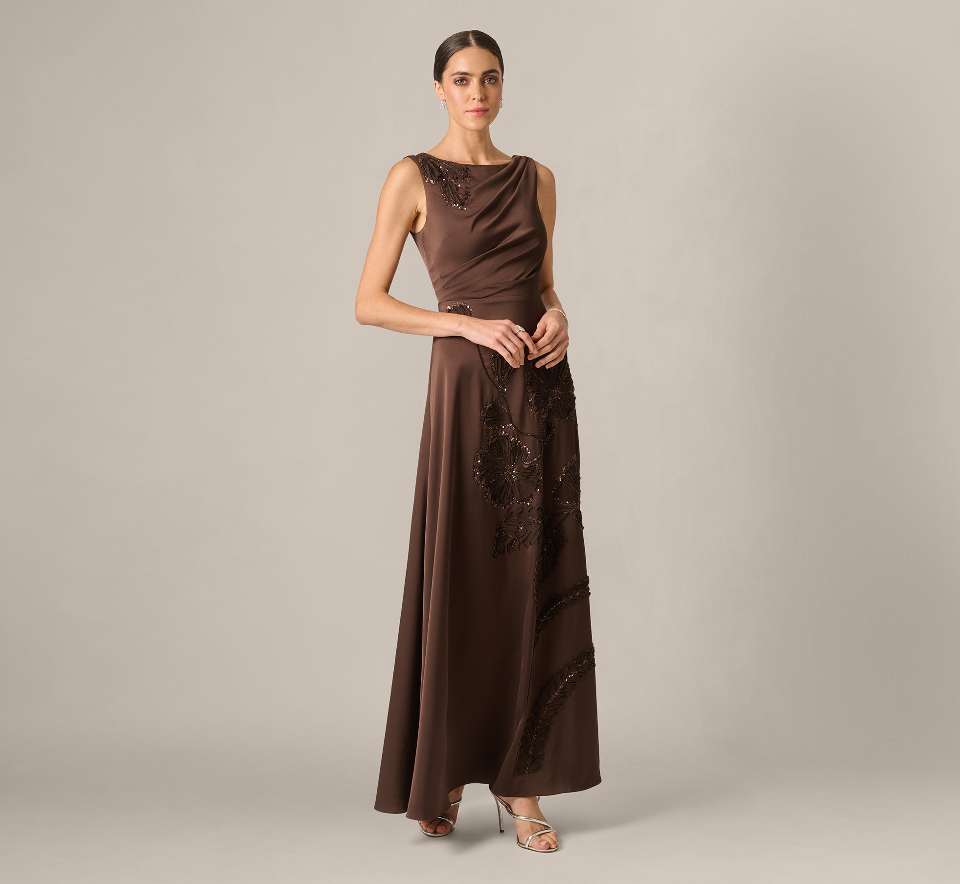 Floral Beaded Soutache Draped Satin Gown In Dark Mocha 1
