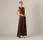 Floral Beaded Soutache Draped Satin Gown In Dark Mocha 1