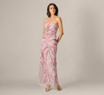 One Shoulder Soutache Petal Beaded Illusion Gown In Pink Multi 1