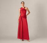 Asymmetrical Twist Knot Draped Satin Gown In Scarlet Spice 2