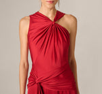 Asymmetrical Twist Knot Draped Satin Gown In Scarlet Spice 3