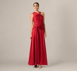 Asymmetrical Twist Knot Draped Satin Gown In Scarlet Spice 1