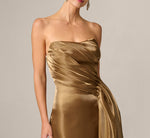 Strapless Liquid Organza Draped Gown In Gold 3