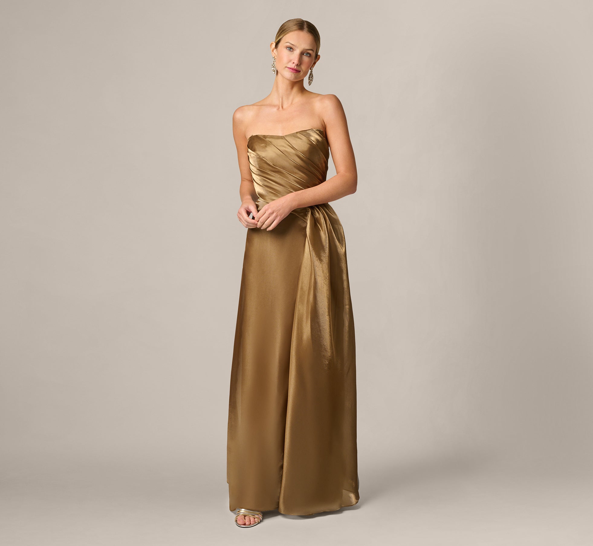 Strapless Liquid Organza Draped Gown In Gold 1