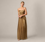 Strapless Liquid Organza Draped Gown In Gold 1