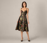 Floral Jacquard Sweetheart Tea Length Dress In Black Multi 2