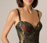 Floral Jacquard Sweetheart Tea Length Dress In Black Multi 3