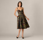 Floral Jacquard Sweetheart Tea Length Dress In Black Multi 1