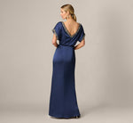 Short Sleeve Satin Beaded Detail Blouson Gown In Dark Navy 5