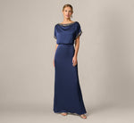 Short Sleeve Satin Beaded Detail Blouson Gown In Dark Navy 2