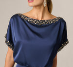 Short Sleeve Satin Beaded Detail Blouson Gown In Dark Navy 4