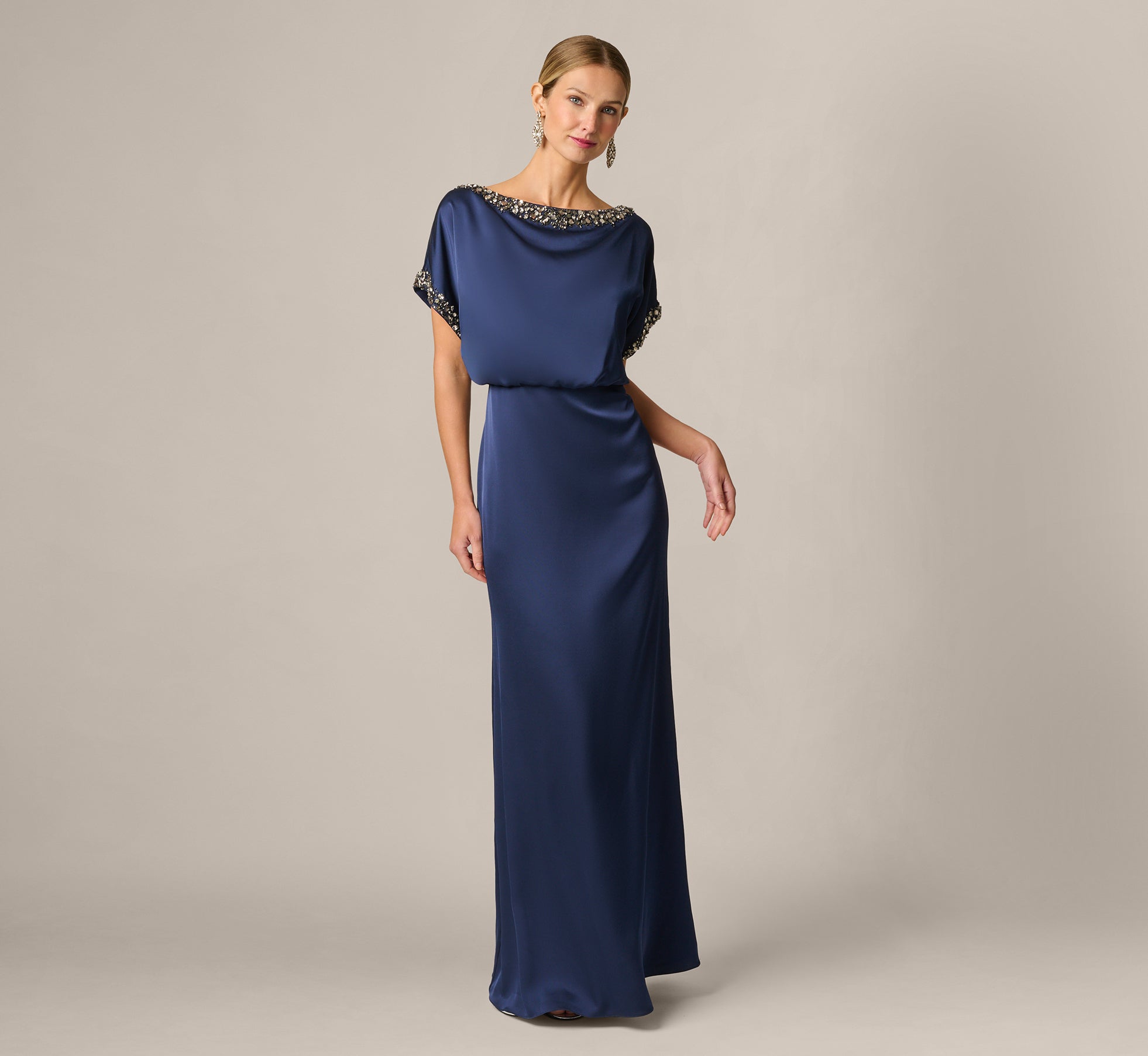 Short Sleeve Satin Beaded Detail Blouson Gown In Dark Navy 1
